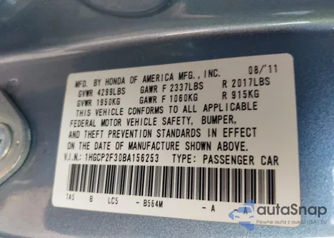 2011 Honda Accord 2.4 Lx from USA, damaged, VIN 1HGCP2F30BA156253